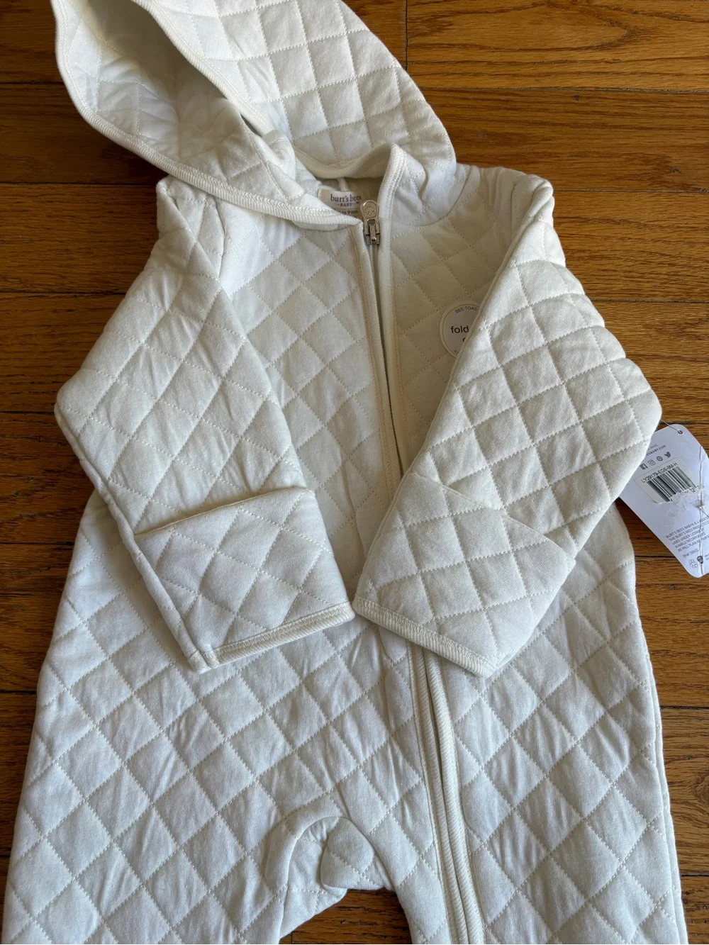 NWT 6-9 Months Burt's Bees Cream Quilted Hooded Baby Footed One-Piece